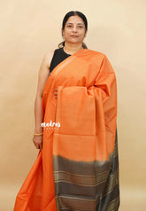 Orange with Dark Olive Green - Sithara - Semi Tussar saree Golden zari Checks in body with Contrast Pallu and blouse